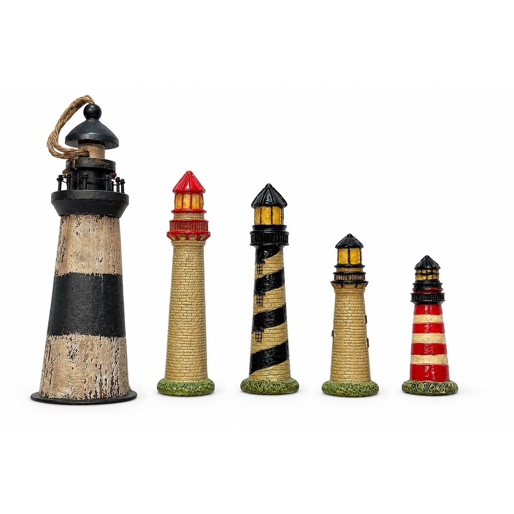 Coastal Lighthouse Figurine Lot 5 Nautical Decor Resin Wood Beach Cottage